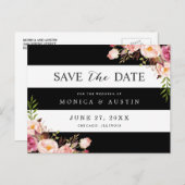 Classic Zwart Wit Strepen Bloemen Save the Date Aankondigingskaart (Voorkant / Achterkant)