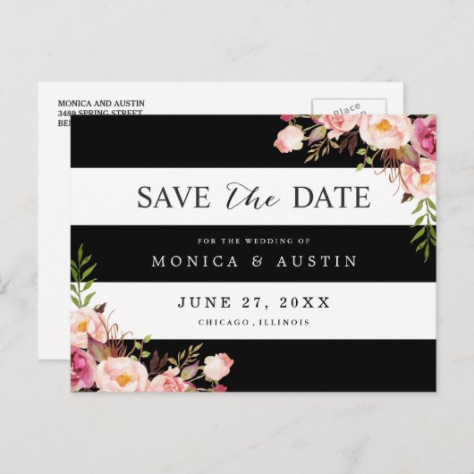 Classic Zwart Wit Strepen Bloemen Save the Date Aankondigingskaart (Voorkant / Achterkant)