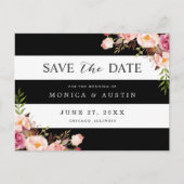 Classic Zwart Wit Strepen Bloemen Save the Date Aankondigingskaart (Voorkant)
