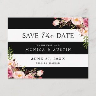 Classic Zwart Wit Strepen Bloemen Save the Date Aankondigingskaart