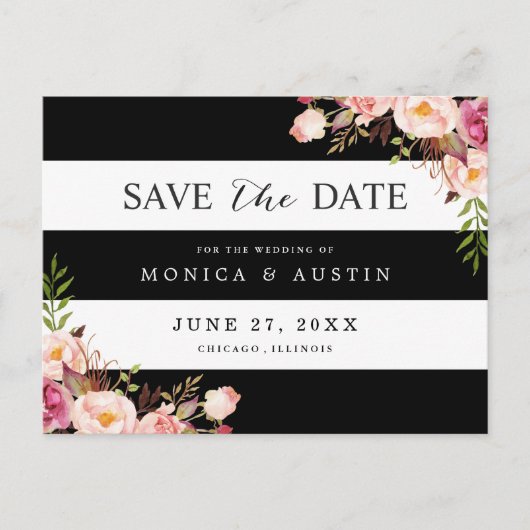 Classic Zwart Wit Strepen Bloemen Save the Date Aankondigingskaart (Voorkant)