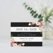 Classic Zwart Wit Strepen Bloemen Save the Date Aankondigingskaart (Staand voorkant)