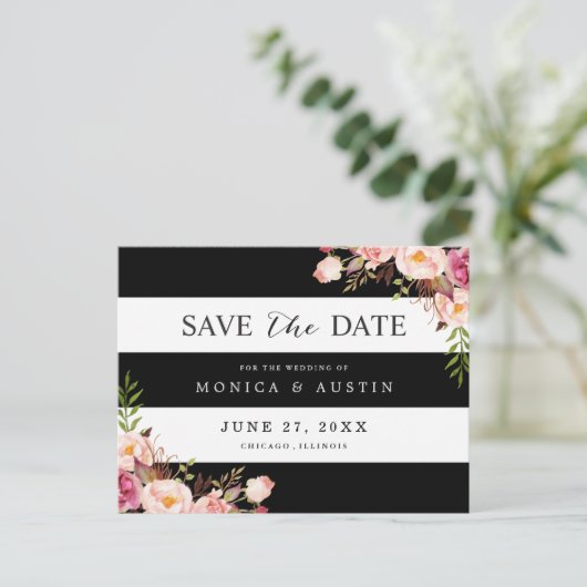 Classic Zwart Wit Strepen Bloemen Save the Date Aankondigingskaart (Staand voorkant)