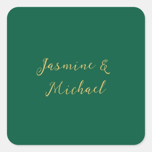 Classical Calligraphy Couple Names Green & Gold Vierkante Sticker (Voorkant)