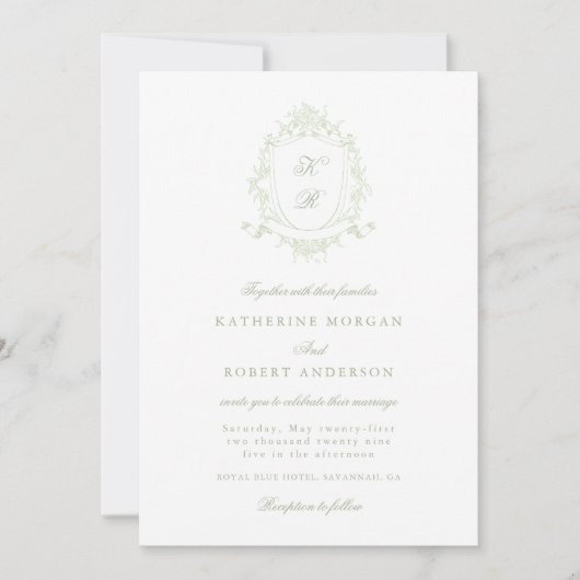 Classical Floral Crest Elegant Wedding Invitation Kaart (Voorkant)