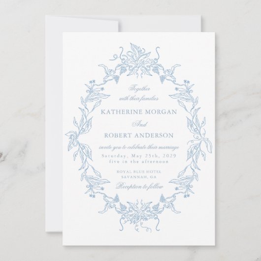 Classical Floral Crest Elegant Wedding Invitation Kaart (Voorkant)
