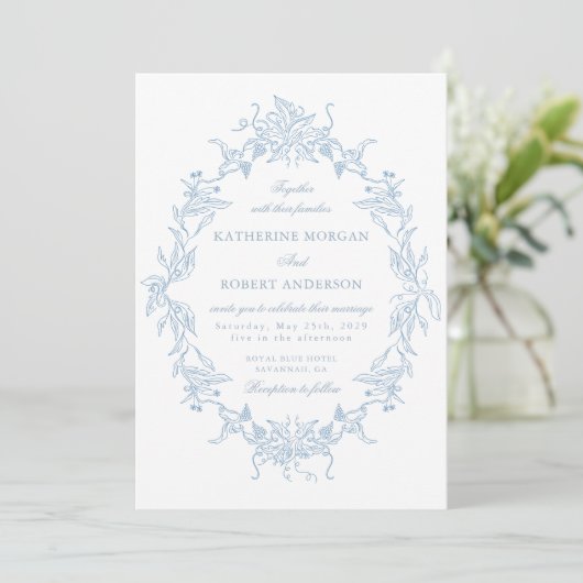 Classical Floral Crest Elegant Wedding Invitation Kaart (Staand voorkant)