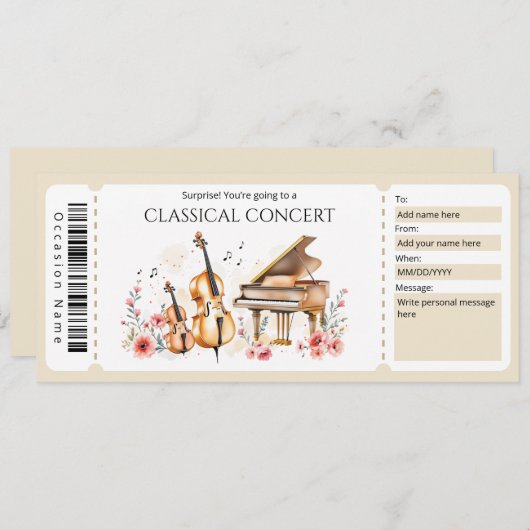Classical Music Ticket Gift Certificate Kaart (Voorkant / Achterkant)