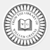 Classical Open Book Monogram Ex Libris Bookplate Ronde Sticker (Voorkant)