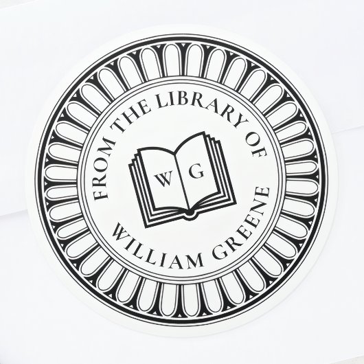 Classical Open Book Monogram Ex Libris Bookplate Ronde Sticker