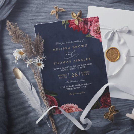 Classical Peonies Floral Navy Chic QR Code Wedding Kaart