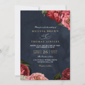 Classical Peonies Floral Navy Chic QR Code Wedding Kaart (Voorkant)