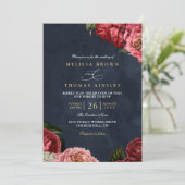 Classical Peonies Floral Navy Chic QR Code Wedding Kaart (Staand voorkant)
