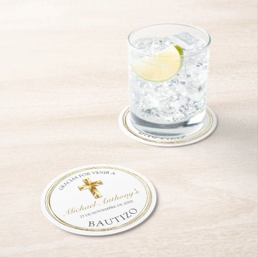 Classico Blanco Dorado Bautizo de Bebé Gracias Ronde Kartonnen Onderzetter (Insitu)