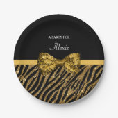 Classly Gold Zebra print FAUX Glitz Bow met naam Papieren Bordje (Voorkant)