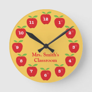 Classroom Clock with Apples on Yellow Ronde Klok