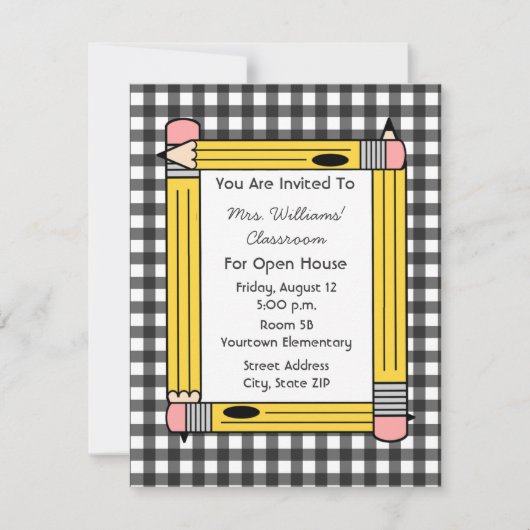 Classroom Open House: Gele Pencils, grijze Gingham Kaart (Voorkant)