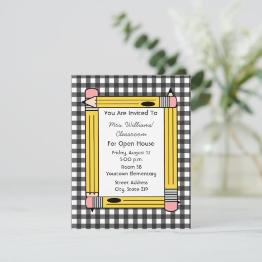 Classroom Open House: Gele Pencils, grijze Gingham Kaart (Staand voorkant)