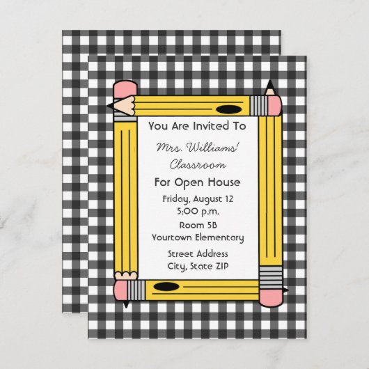 Classroom Open House: Gele Pencils, grijze Gingham Kaart (Voorkant / Achterkant)