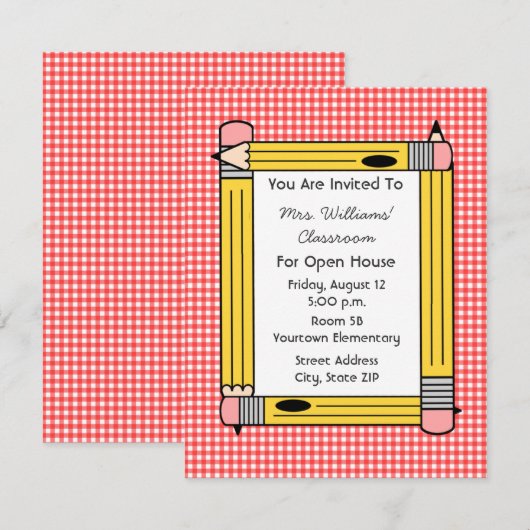 Classroom Open House: Gele Pencils, Red Gingham Kaart (Voorkant / Achterkant)