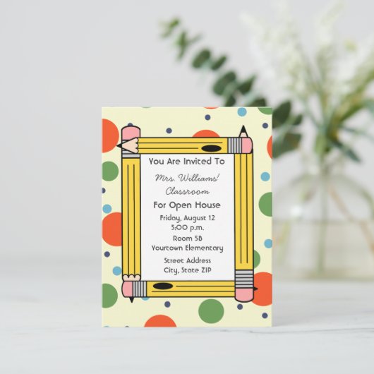 Classroom Open House - Gele Pencils & Stippen Kaart (Staand voorkant)