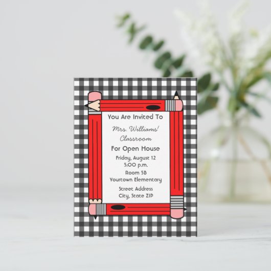 Classroom Open House: Red Pencils, grijs Gingham Kaart (Staand voorkant)