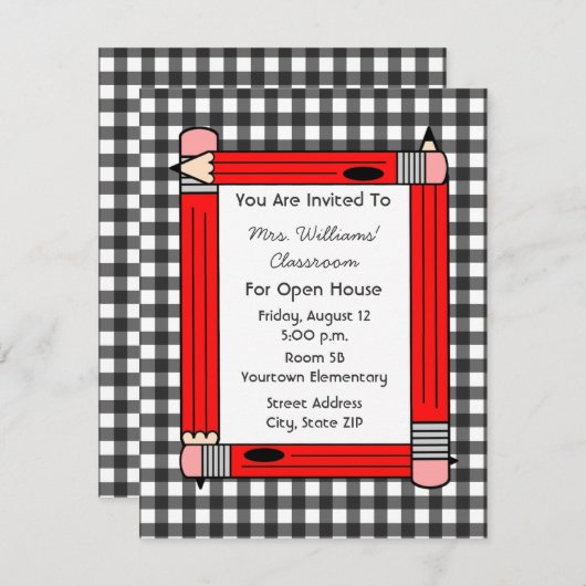 Classroom Open House: Red Pencils, grijs Gingham Kaart (Voorkant / Achterkant)