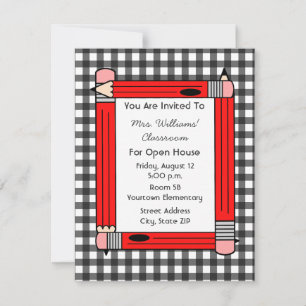 Classroom Open House: Red Pencils, grijs Gingham Kaart
