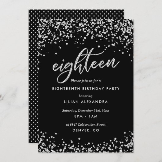 Classy 18th Birthday Invitation, Sparkly Confetti Kaart (Voorkant / Achterkant)