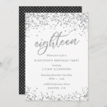 Classy 18th Birthday Invitation, Sparkly Confetti Kaart<br><div class="desc">Classy 18th Birthday Party Invitations: Sparkly Silver confetti 18e verjaardagsfeestuitnodiging met faux diamant / bright Silver Glitter look confetti polka dots. Silver "achttien" geschreven in handschrift scripttypografie. Het hedendaagse schrijven vult de partijdetails in. [Merk op dat terwijl de elementen van dit ontwerp zullen drukken om als glitter te kijken, geen...</div>