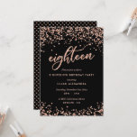 Classy 18th Birthday Roos Gold Confetti Kaart<br><div class="desc">Classy 18th Birthday Party Invitations: Sparkly roos gold confetti 18th verjaardagsfeestje, design met helder roos goudglitter look confetti polka dots. Roos goud "achttien" geschreven in handschrift scripttypografie. Het hedendaagse schrijven vult de partijdetails in. [Merk op dat terwijl de elementen van dit ontwerp zullen drukken om als glitter te kijken, geen...</div>