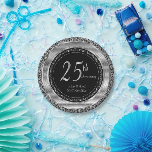 Classy 25th Silver and Black Wedding Jubileum Papieren Bordje (Feest)