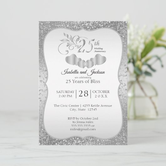 Classy 25th Silver Glitter Jubileum Invitation Kaart (Staand voorkant)