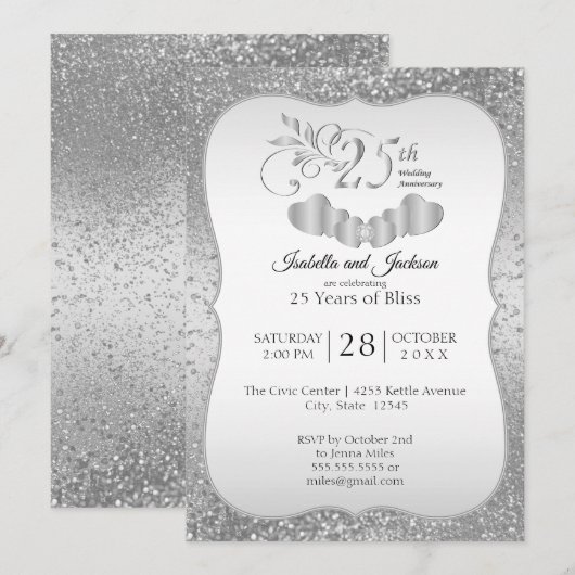 Classy 25th Silver Glitter Jubileum Invitation Kaart (Voorkant / Achterkant)