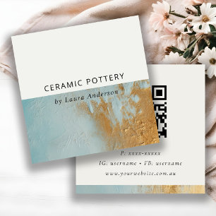 Classy Aqua Blue Gold Oil Paint Texture QR-code Vierkante Visitekaartje