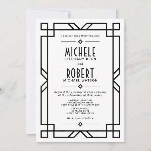 Classy Art Deco Modern Black Lijst White Wedding Kaart (Voorkant)