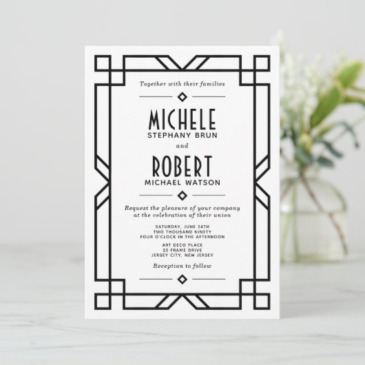 Classy Art Deco Modern Black Lijst White Wedding Kaart (Staand voorkant)
