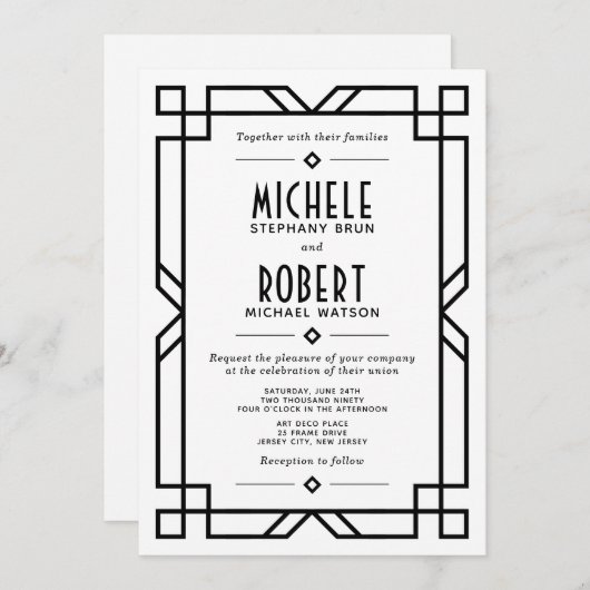 Classy Art Deco Modern Black Lijst White Wedding Kaart (Voorkant / Achterkant)