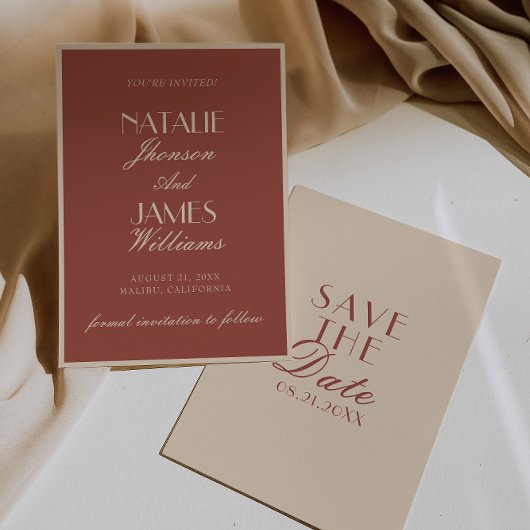 Classy Auburn Beige Old Money Fancy Wedding Save The Date