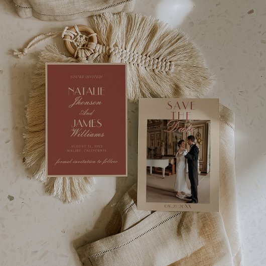 Classy Auburn Cream Old Money Photo Wedding Save The Date