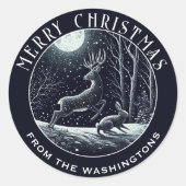 Classy B & W Deer Art Gepersonaliseerde Kerst Ronde Sticker (Voorkant)