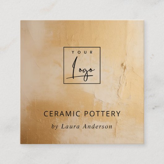 Classy Beige Gold Oil Paint Texture Logo QR Code Vierkante Visitekaartje (Voorkant)