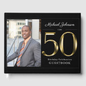 Classy Black 50th Solid Gold Custom Photo Birthday Gastenboek (Voorkant)