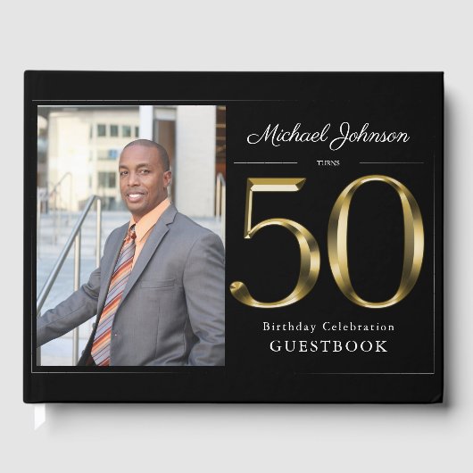 Classy Black 50th Solid Gold Custom Photo Birthday Gastenboek (Voorkant)
