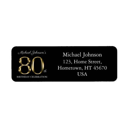Classy Black 80th Birthday Solid Gold-tekstadres Etiket (Voorkant)