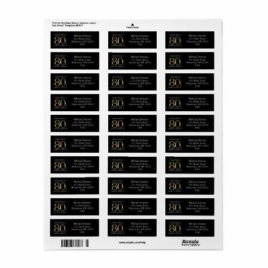 Classy Black 80th Birthday Solid Gold-tekstadres Etiket (Full Sheet)