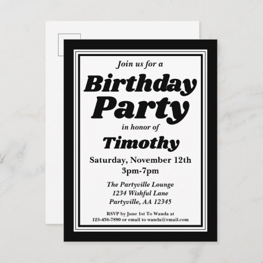 Classy Black Adult Birthday Party Uitnodiging Briefkaart (Voorkant / Achterkant)