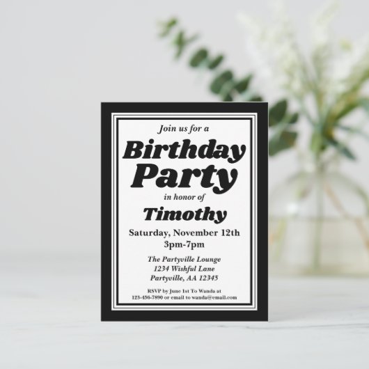 Classy Black Adult Birthday Party Uitnodiging Briefkaart (Staand voorkant)