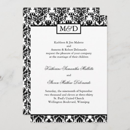 Classy Black and White Wedding Invitation Kaart (Voorkant / Achterkant)