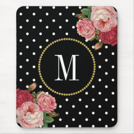 Classy Black Antiek Floral Polka Dots Monogram Muismat